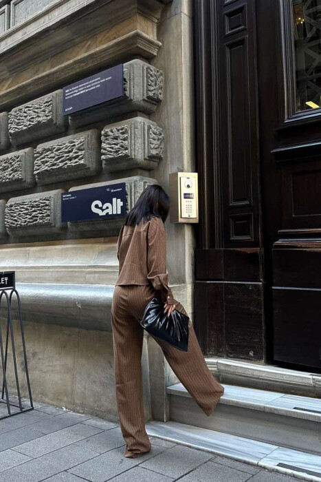 CROPPED SHIRT+TROUSERS STRIPED WOMEN SET BROWN/KAFE - 7