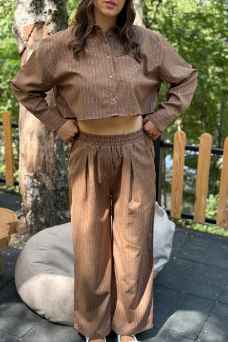 CROPPED SHIRT+TROUSERS STRIPED WOMEN SET BROWN/KAFE - 3