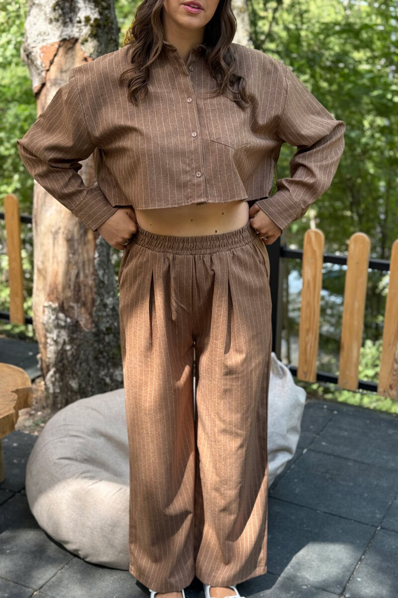 CROPPED SHIRT+TROUSERS STRIPED WOMEN SET BROWN/KAFE - 3