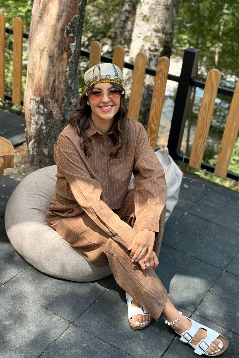 CROPPED SHIRT+TROUSERS STRIPED WOMEN SET BROWN/KAFE - 2