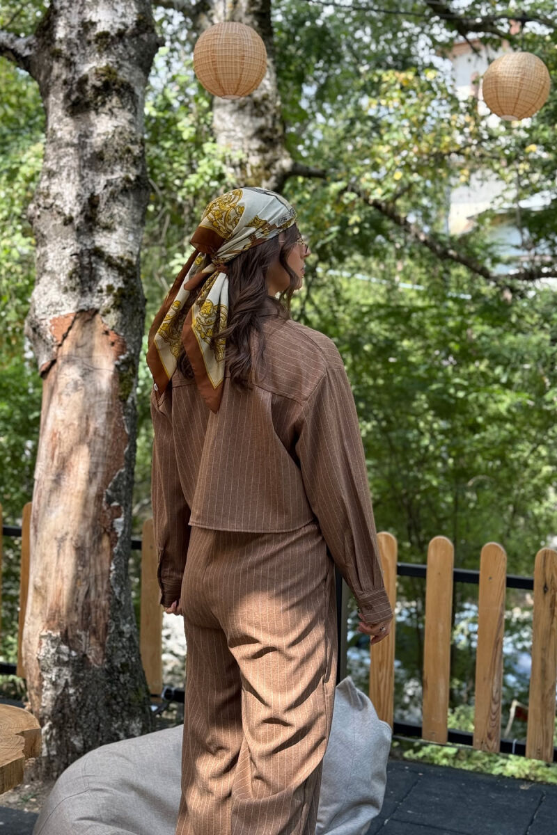 CROPPED SHIRT+TROUSERS STRIPED WOMEN SET BROWN/KAFE - 4
