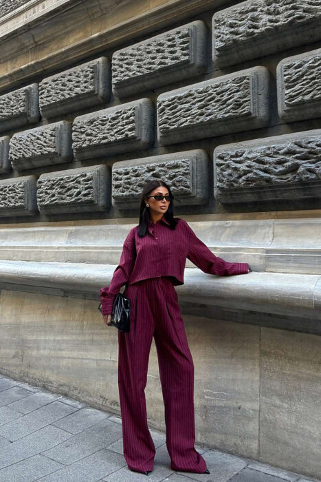 CROPPED SHIRT+TROUSERS STRIPED WOMEN SET BURGUNDY/VISHNJE - 7