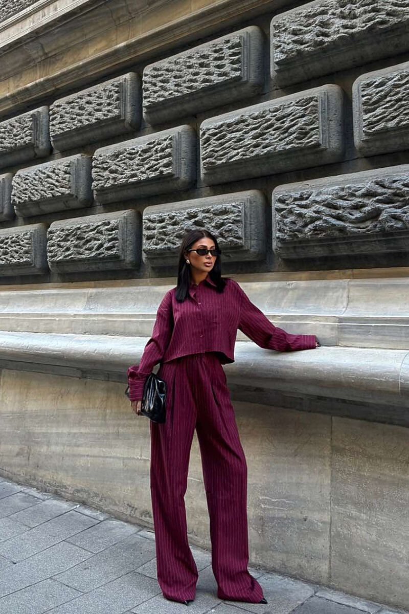 CROPPED SHIRT+TROUSERS STRIPED WOMEN SET BURGUNDY/VISHNJE - 7