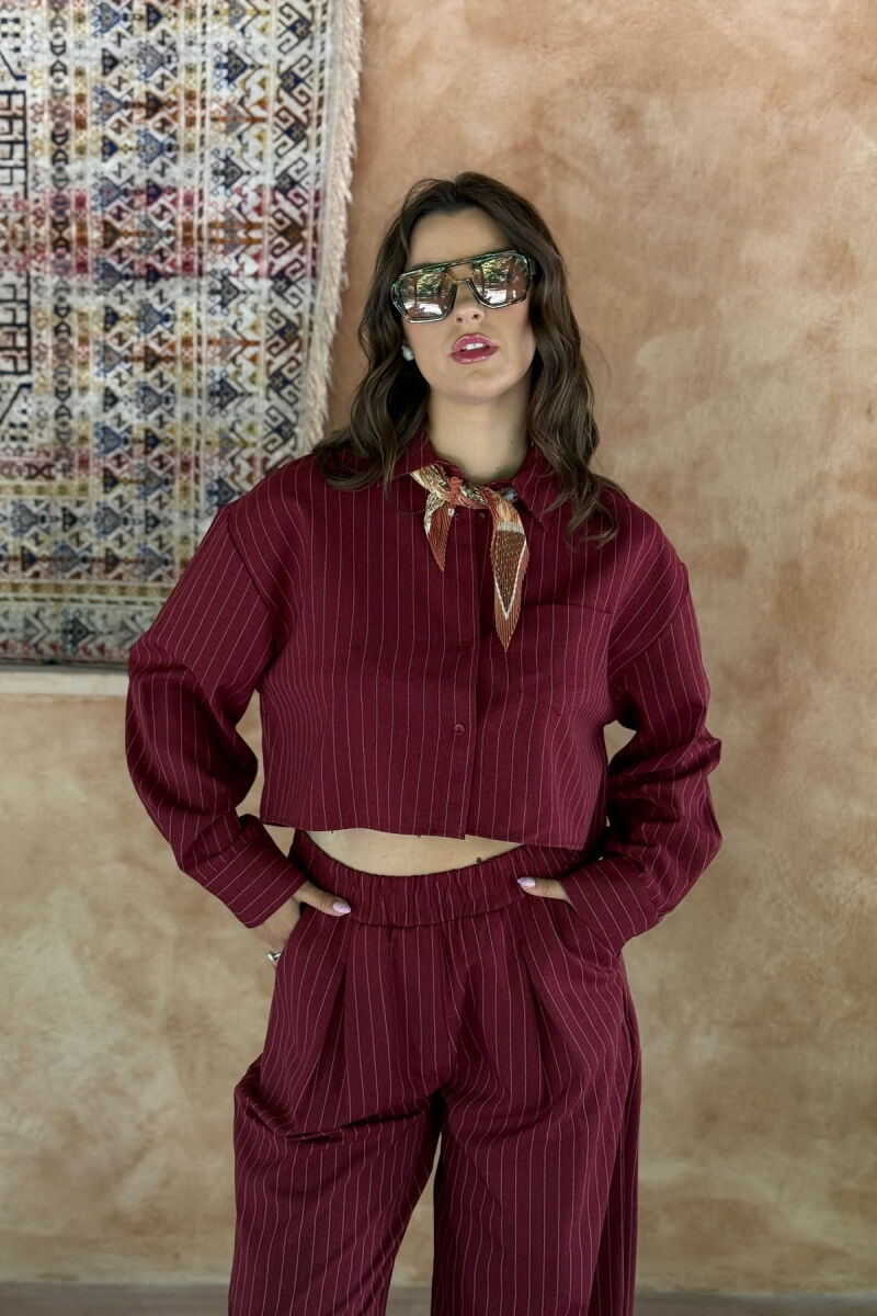 CROPPED SHIRT+TROUSERS STRIPED WOMEN SET BURGUNDY/VISHNJE - 3