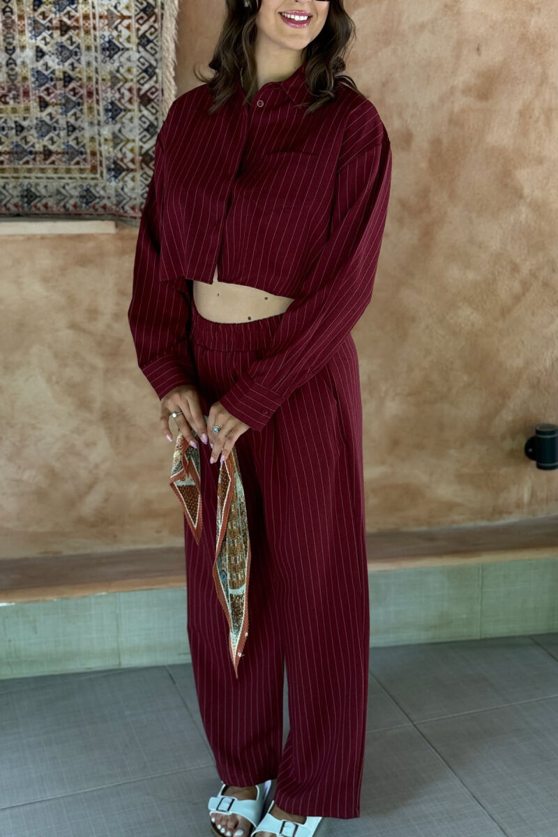 CROPPED SHIRT+TROUSERS STRIPED WOMEN SET BURGUNDY/VISHNJE - 4