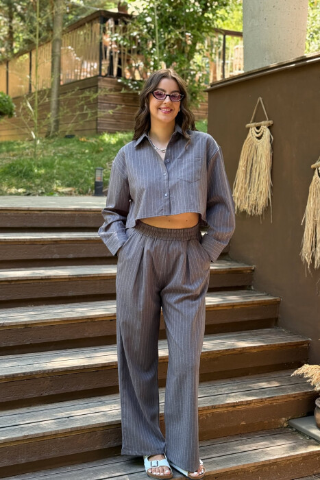 CROPPED SHIRT+TROUSERS STRIPED WOMEN SET GREY/GRI 