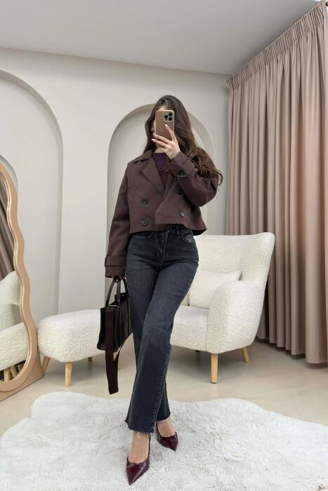 CROPPED V NECK WOMEN JACKET DARK BROWN/KAE - 3