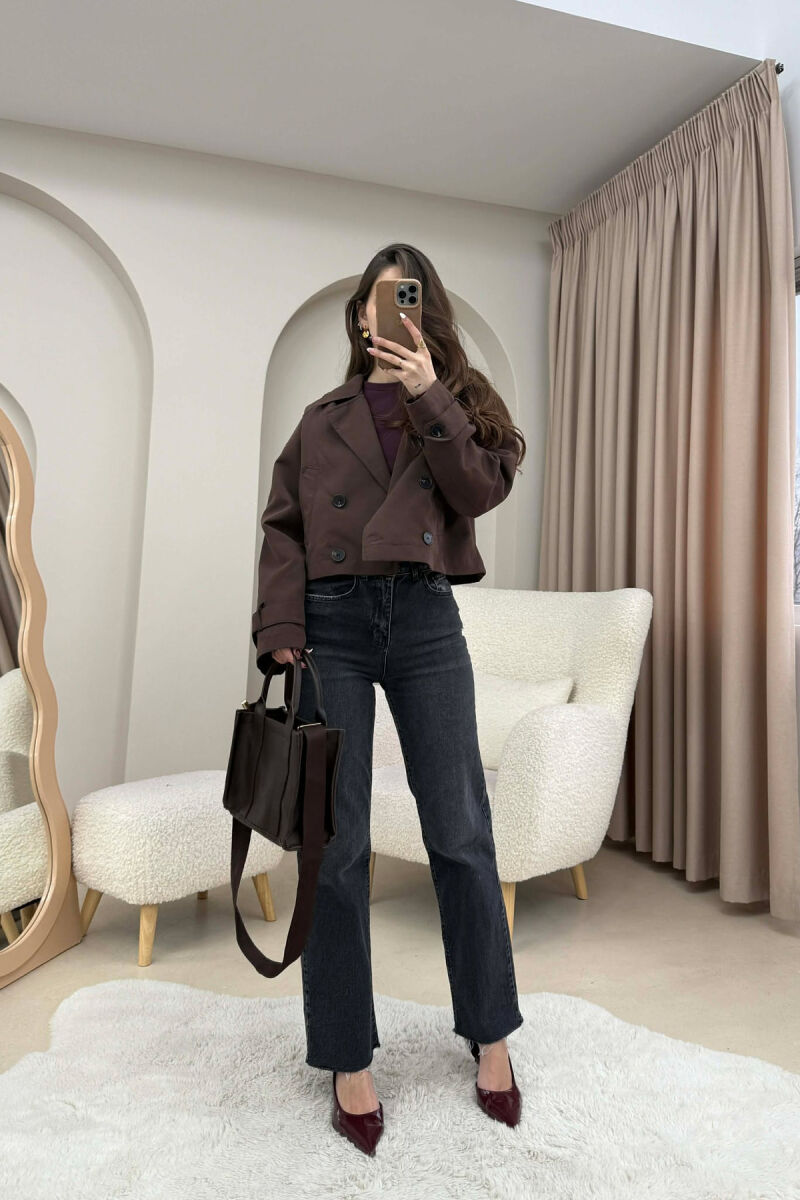 CROPPED V NECK WOMEN JACKET DARK BROWN/KAE - 4