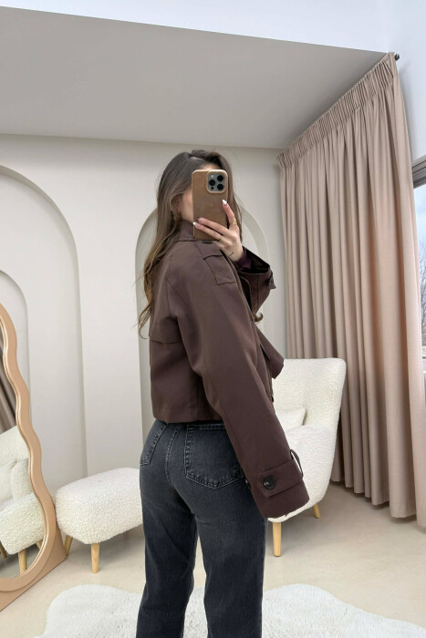 CROPPED V NECK WOMEN JACKET DARK BROWN/KAE - 5