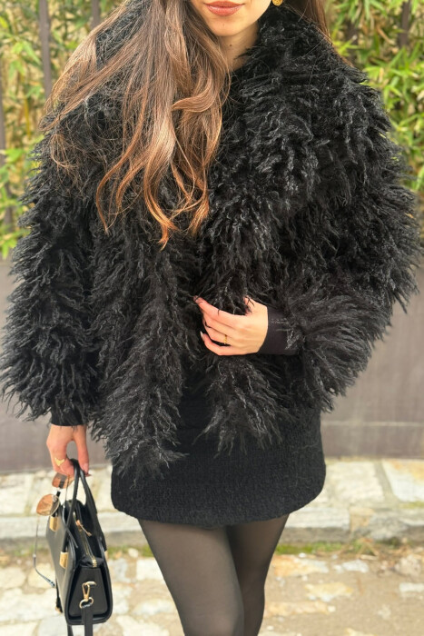 CURLY FAUX FUR HIGH NECK WOMAN COAT BLACK/ E ZEZE - 2