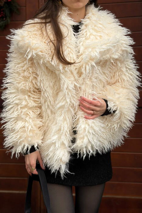 CURLY FAUX FUR HIGH NECK WOMAN COAT WHITE-E BARDHE - 4