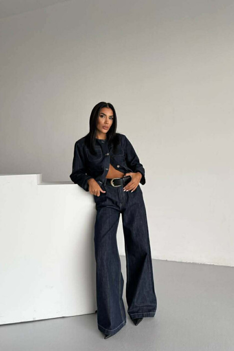 DENIM BUTTONED SHOULDER PADS JACKET + LONG TROUSERS WOMAN SET BLUE/BLU - 1