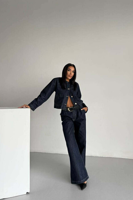 DENIM BUTTONED SHOULDER PADS JACKET + LONG TROUSERS WOMAN SET BLUE/BLU - 3