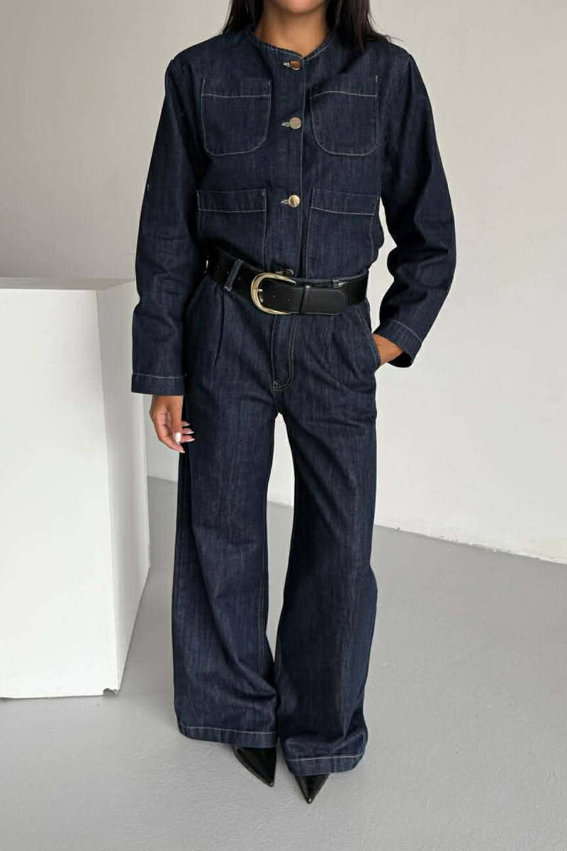 DENIM BUTTONED SHOULDER PADS JACKET + LONG TROUSERS WOMAN SET BLUE/BLU - 4