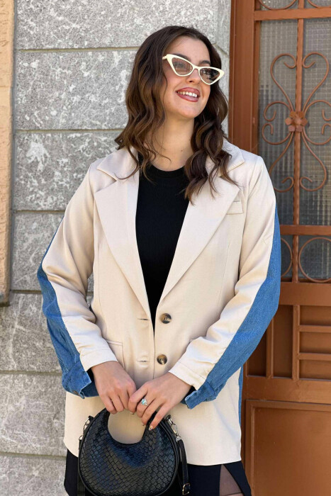 DENIM DETAILS TWO COLOR WOMAN JACKET CREAM/KREM - 1