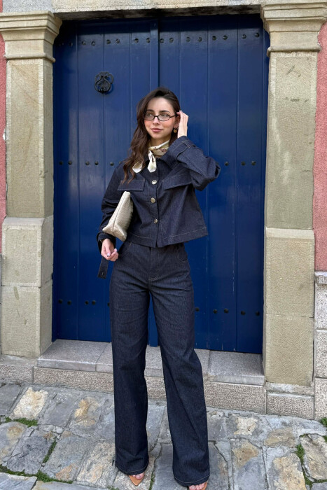 SET XHINS XHAKETE ME BUTONA GOLD + PANTALLONA PER FEMRA NE NGJYRE BLU - KLAUDIO FASHION