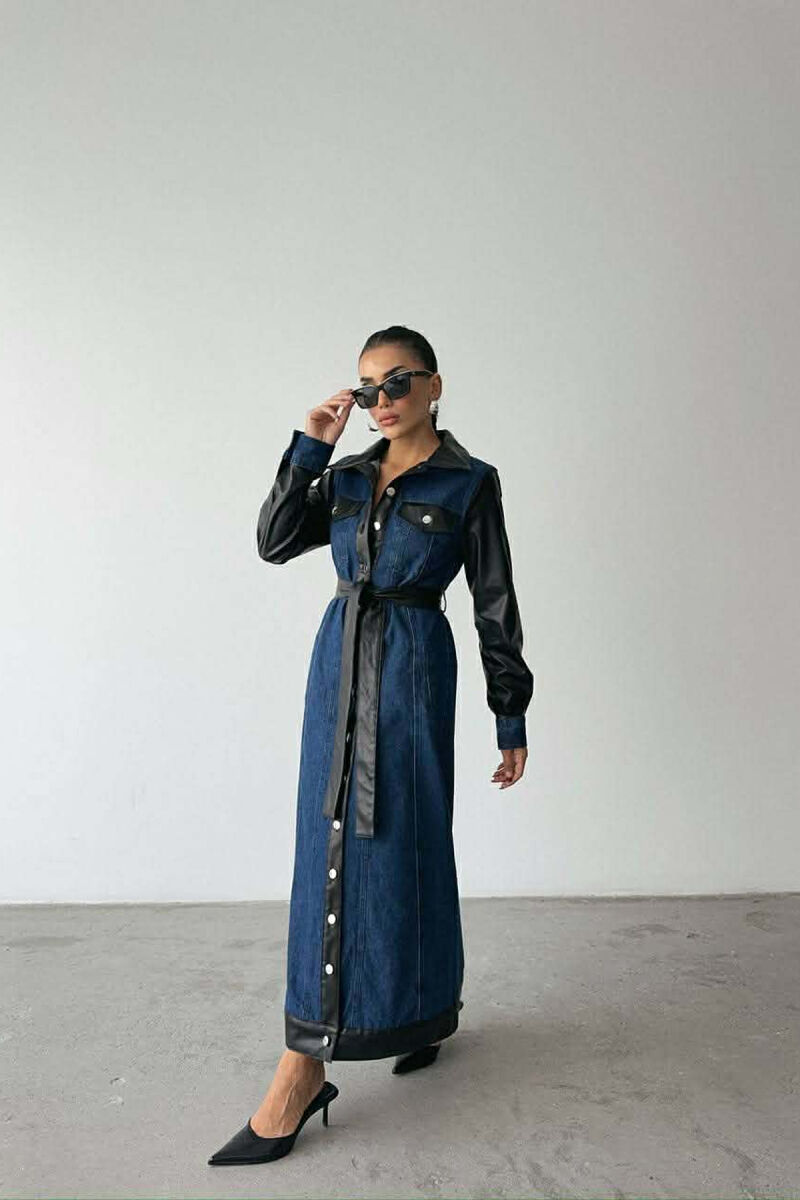 DENIM & LEATHER DESIGN LONG WOMEN DRESS BLACK-BLUE/ZEBL - 4