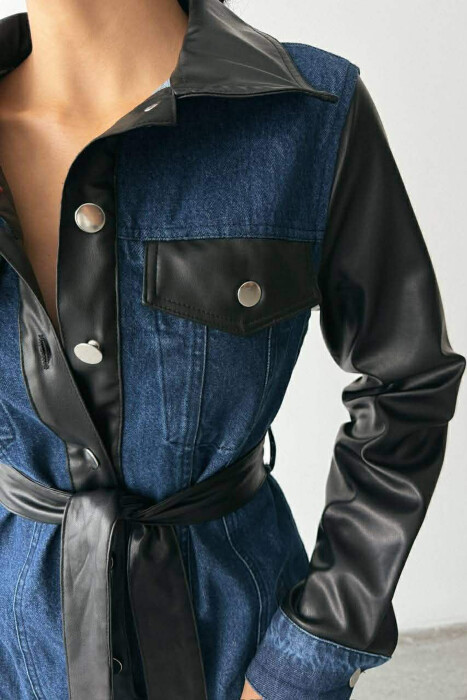 DENIM & LEATHER DESIGN LONG WOMEN DRESS BLACK-BLUE/ZEBL - 5