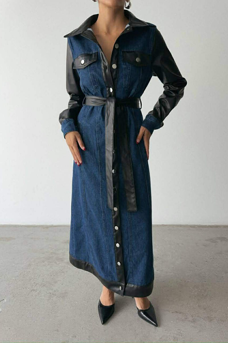 DENIM & LEATHER DESIGN LONG WOMEN DRESS BLACK-BLUE/ZEBL - 1