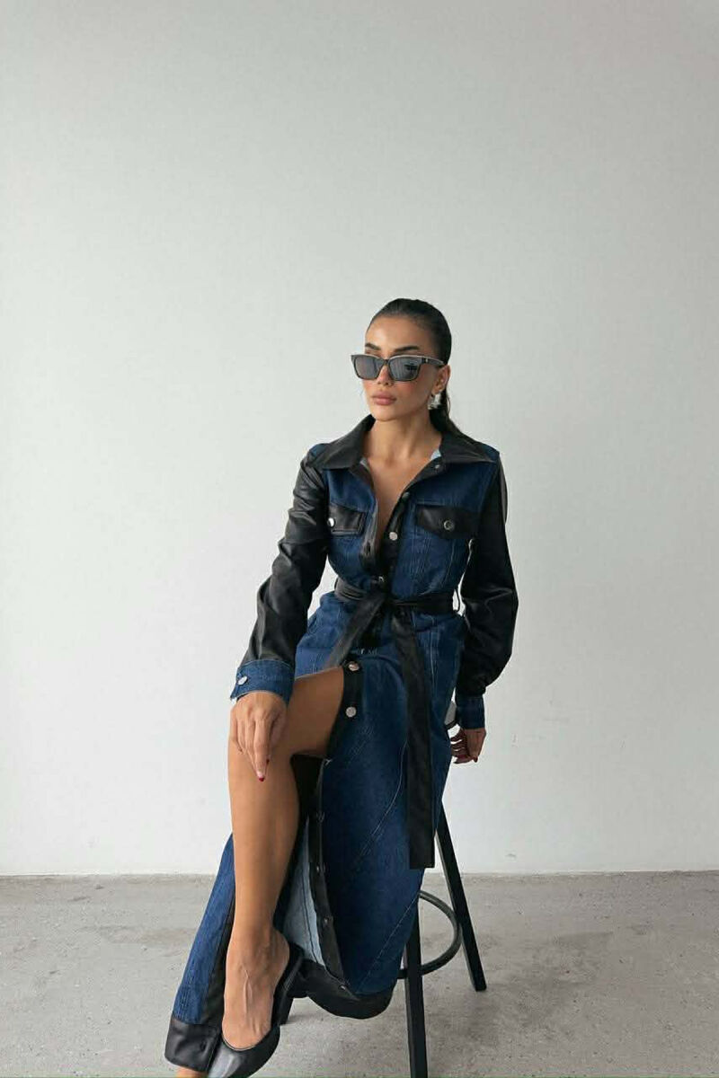 DENIM & LEATHER DESIGN LONG WOMEN DRESS BLACK-BLUE/ZEBL - 7