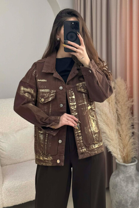 DENIM SHINY DETAILS WOMEN JACKET BROWN/KAFE - KLAUDIO FASHION