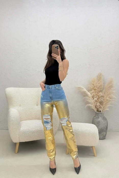 DENIM SHINY DETAILS WOMEN JEANS GOLDEN ROD/GOLD - KLAUDIO FASHION