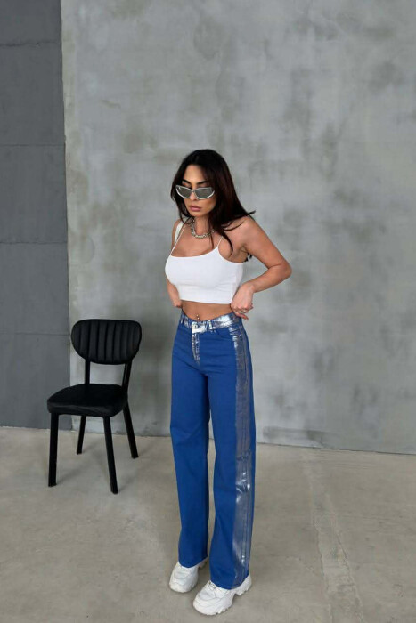 DENIM SILVER DETAILS WIDE LEG WOMEN JEANS BLUE/BLU - KLAUDIO FASHION
