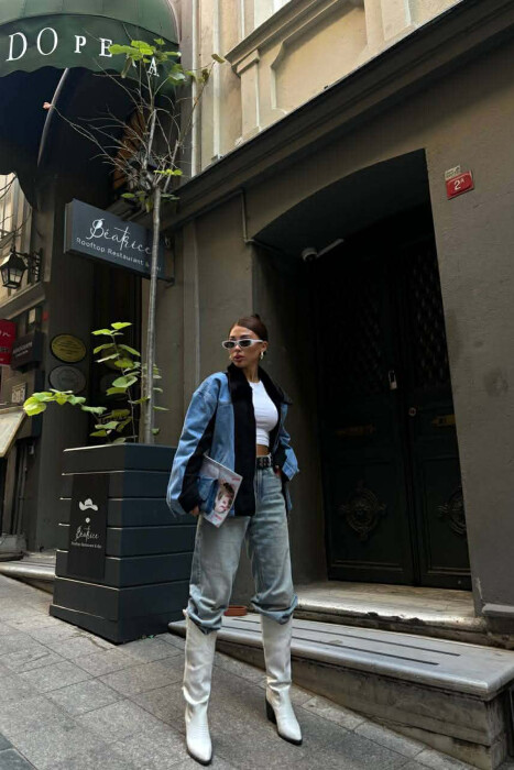 DENIM SIMPLE ZIPPER FAUX NECK DETAIL WOMEN JACKET BLACK/ E ZEZE 