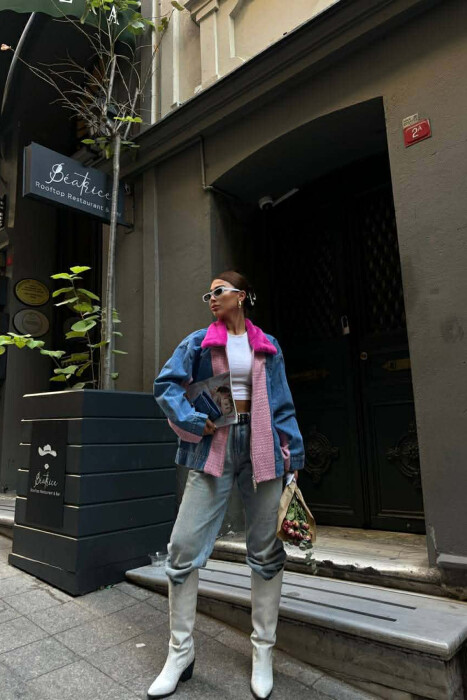 DENIM SIMPLE ZIPPER FAUX NECK DETAIL WOMEN JACKET PINK/ROZE 