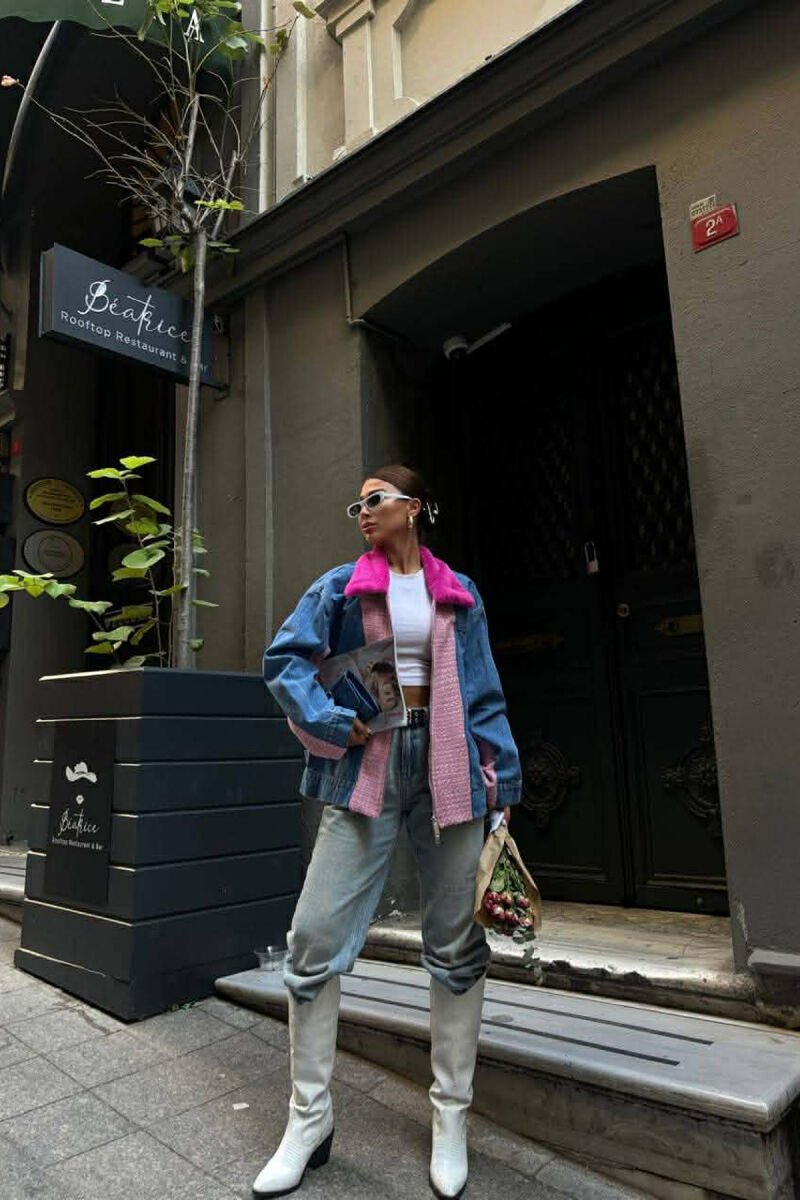 DENIM SIMPLE ZIPPER FAUX NECK DETAIL WOMEN JACKET PINK/ROZE - 1