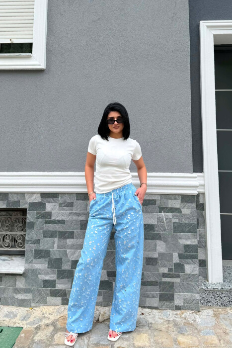PANTALLONA ME DIZJAN DHE BEL ELASTIK PER FEMRA NE NGJYRE BLU TE ZBARDHUR - KLAUDIO FASHION
