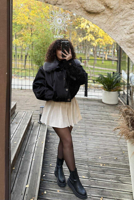 DETACHABLE FAUX FUR ONE COLOR WOMEN JACKET BLACK/ E ZEZE - 9