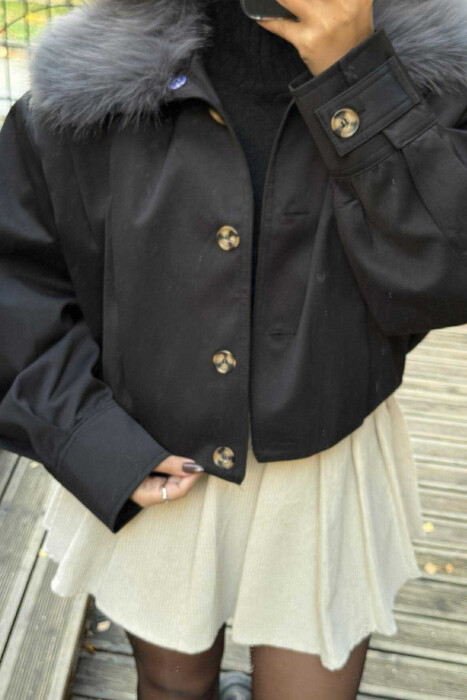 DETACHABLE FAUX FUR ONE COLOR WOMEN JACKET BLACK/ E ZEZE - 8