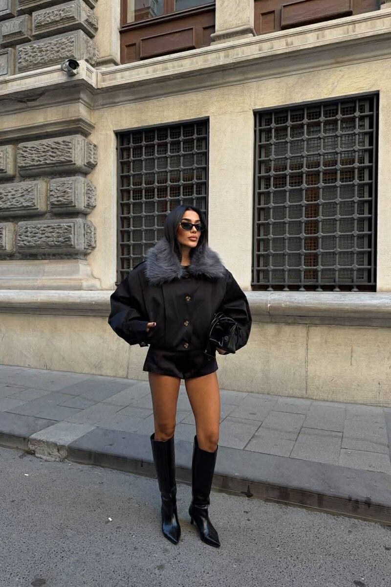 DETACHABLE FAUX FUR ONE COLOR WOMEN JACKET BLACK/ E ZEZE - 2