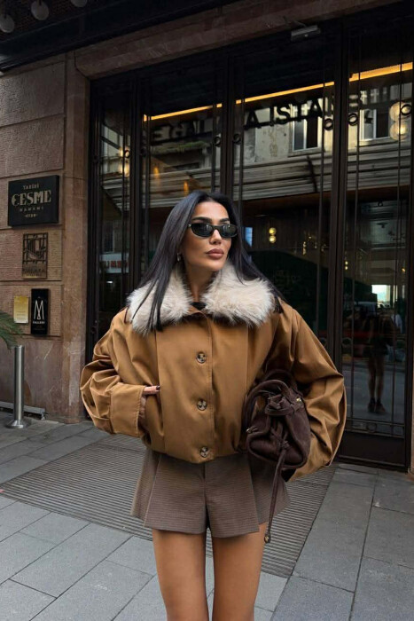DETACHABLE FAUX FUR ONE COLOR WOMEN JACKET BROWN/KAFE - 1