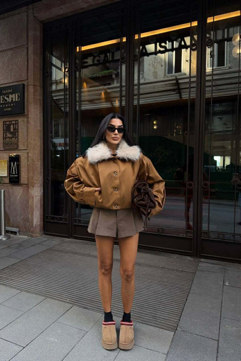 DETACHABLE FAUX FUR ONE COLOR WOMEN JACKET BROWN/KAFE - 2