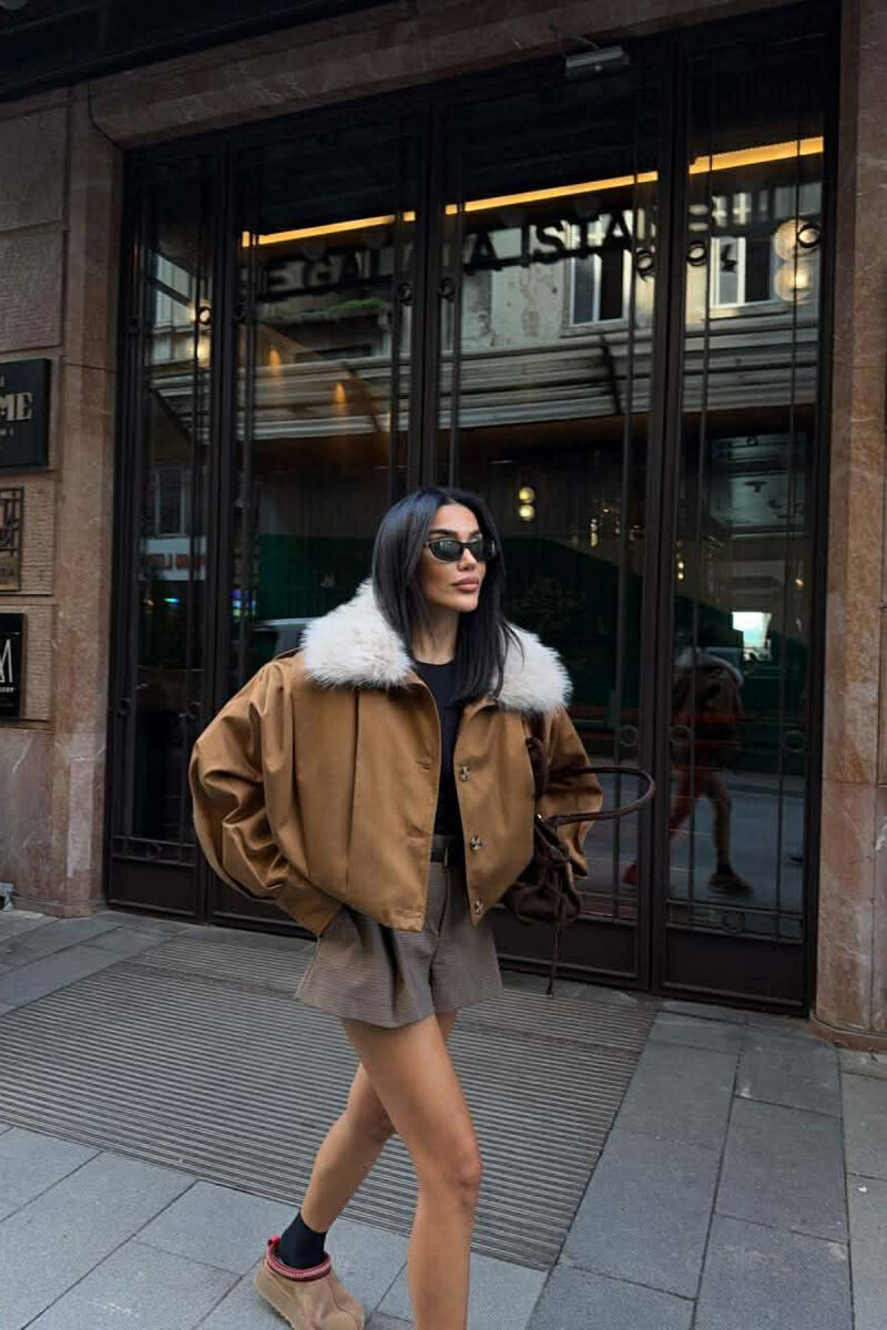 DETACHABLE FAUX FUR ONE COLOR WOMEN JACKET BROWN/KAFE - 3