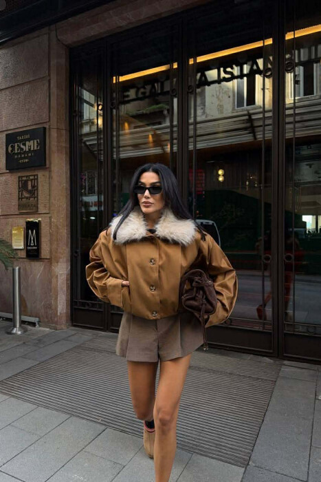 DETACHABLE FAUX FUR ONE COLOR WOMEN JACKET BROWN/KAFE - 4
