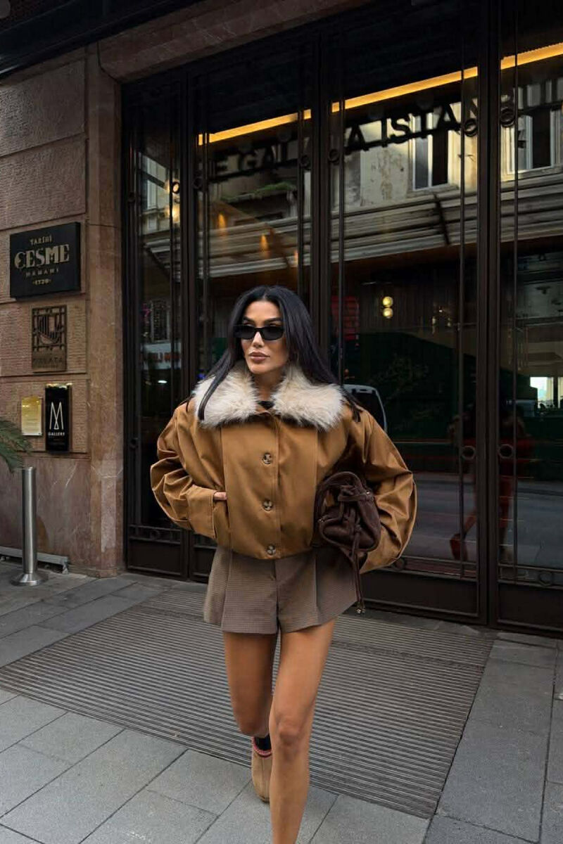 DETACHABLE FAUX FUR ONE COLOR WOMEN JACKET BROWN/KAFE - 4