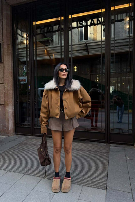 DETACHABLE FAUX FUR ONE COLOR WOMEN JACKET BROWN/KAFE - 5