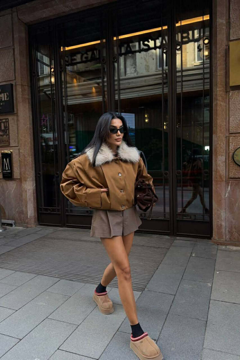 DETACHABLE FAUX FUR ONE COLOR WOMEN JACKET BROWN/KAFE - 6