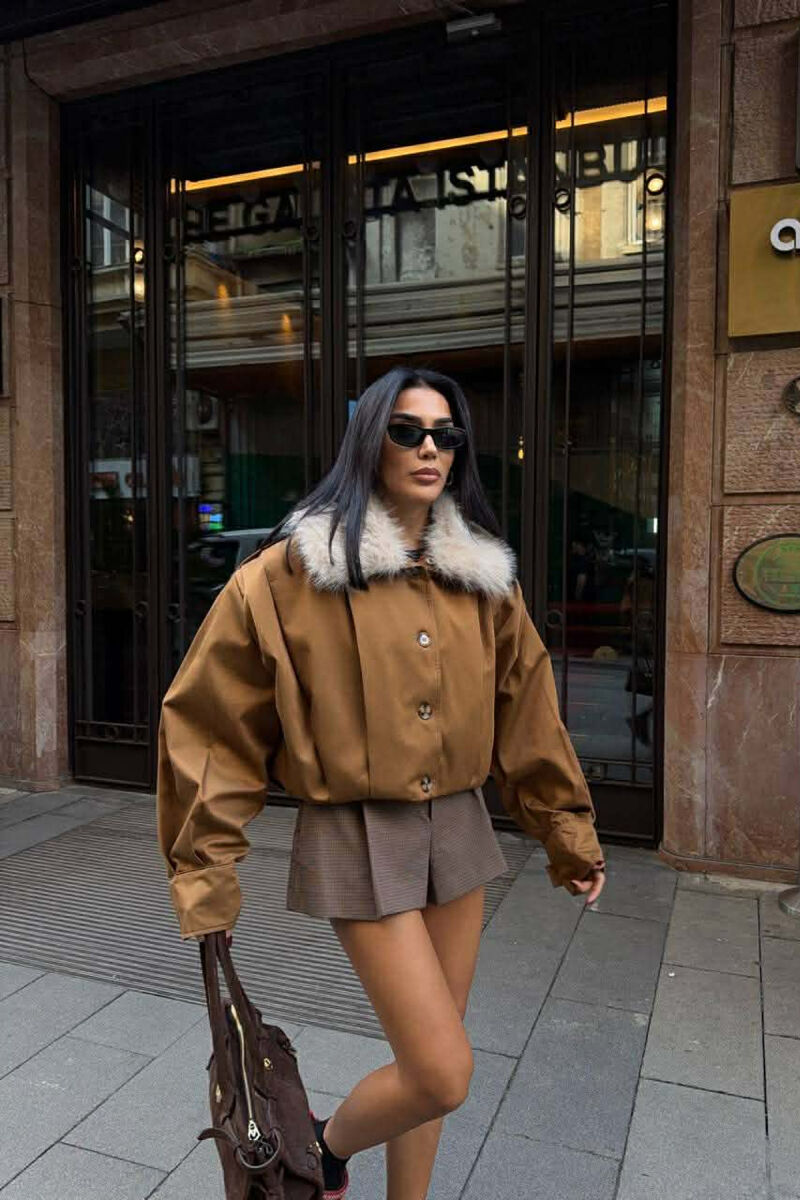 DETACHABLE FAUX FUR ONE COLOR WOMEN JACKET BROWN/KAFE - 7