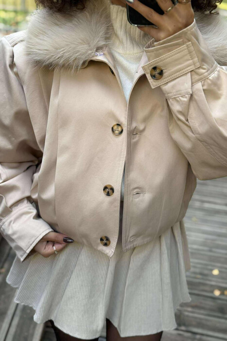 DETACHABLE FAUX FUR ONE COLOR WOMEN JACKET CREAM/KREM - 8