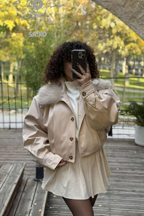 DETACHABLE FAUX FUR ONE COLOR WOMEN JACKET CREAM/KREM - 10