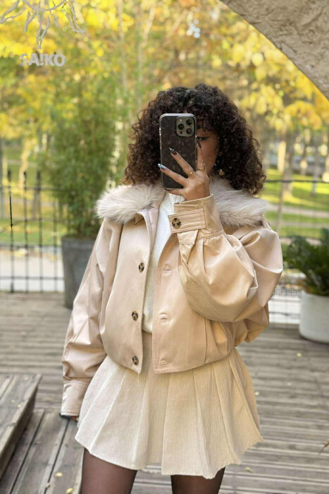 DETACHABLE FAUX FUR ONE COLOR WOMEN JACKET CREAM/KREM - 13