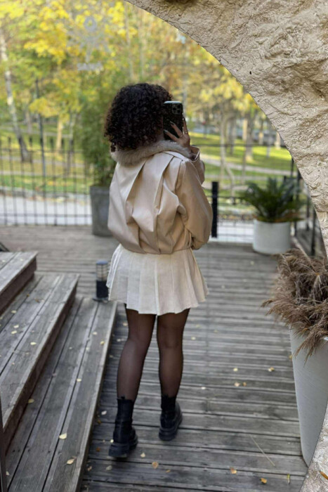 DETACHABLE FAUX FUR ONE COLOR WOMEN JACKET CREAM/KREM - 14