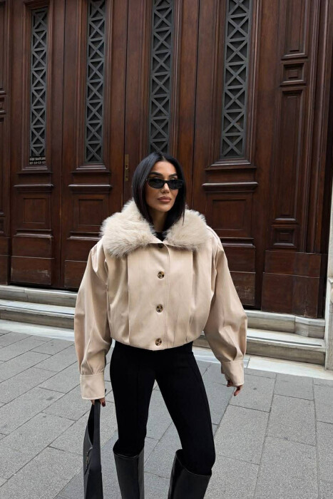 DETACHABLE FAUX FUR ONE COLOR WOMEN JACKET CREAM/KREM - 1