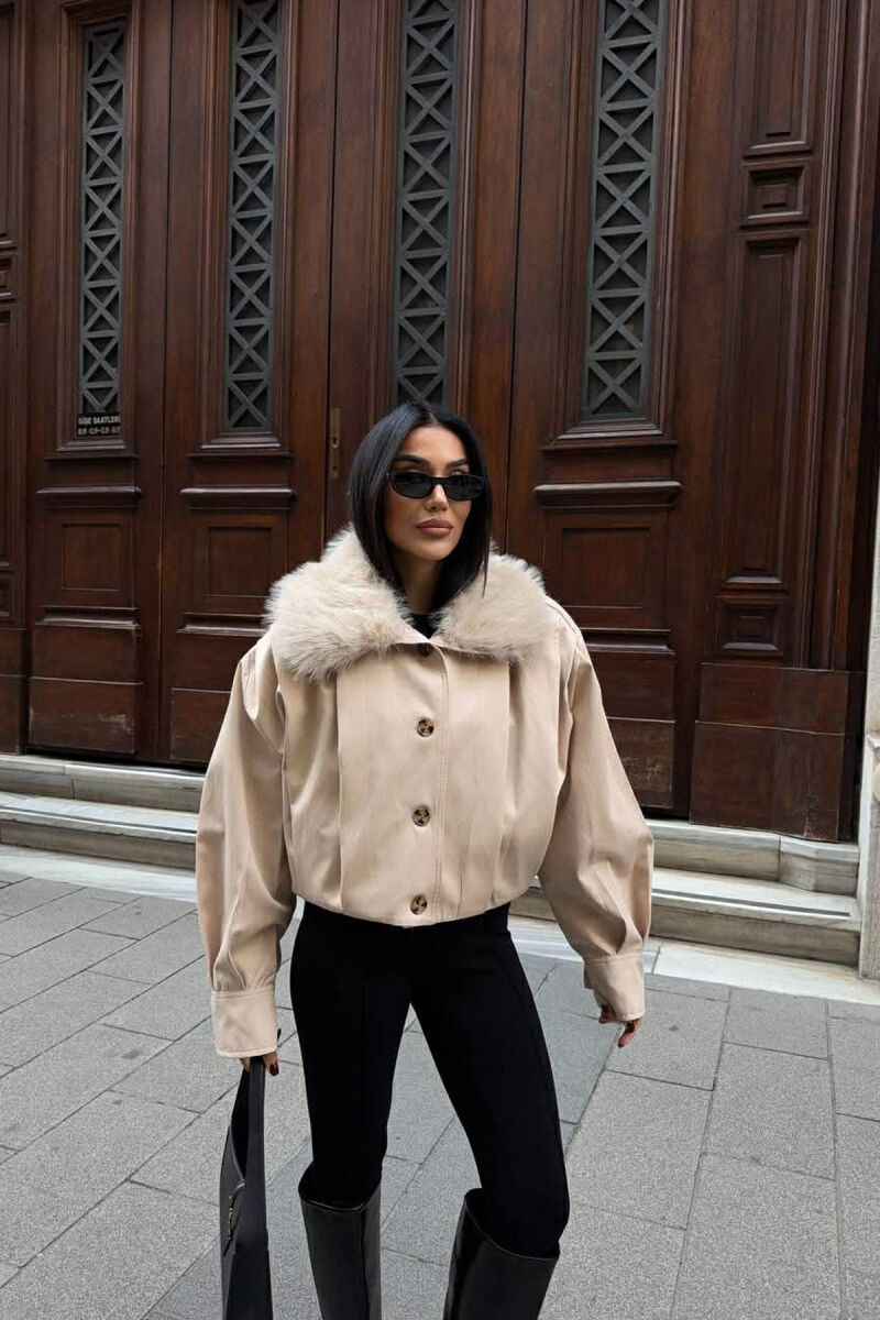 DETACHABLE FAUX FUR ONE COLOR WOMEN JACKET CREAM/KREM - 1