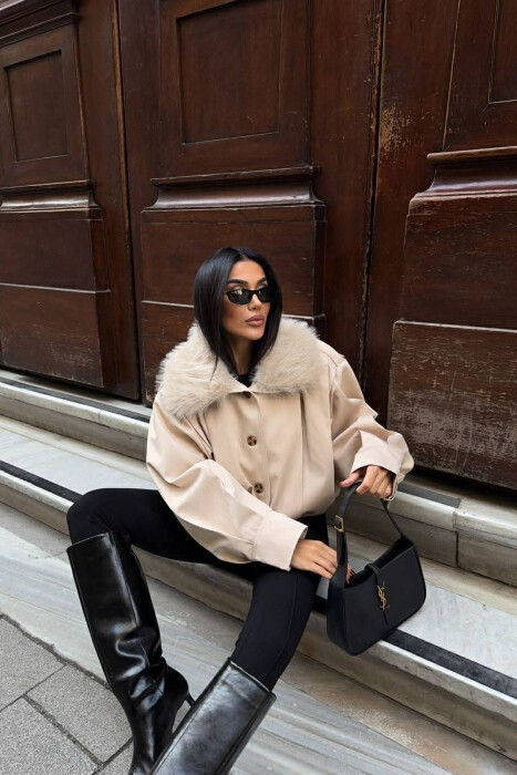 DETACHABLE FAUX FUR ONE COLOR WOMEN JACKET CREAM/KREM - 2