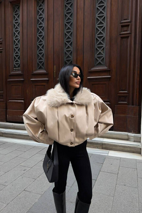 DETACHABLE FAUX FUR ONE COLOR WOMEN JACKET CREAM/KREM - 3